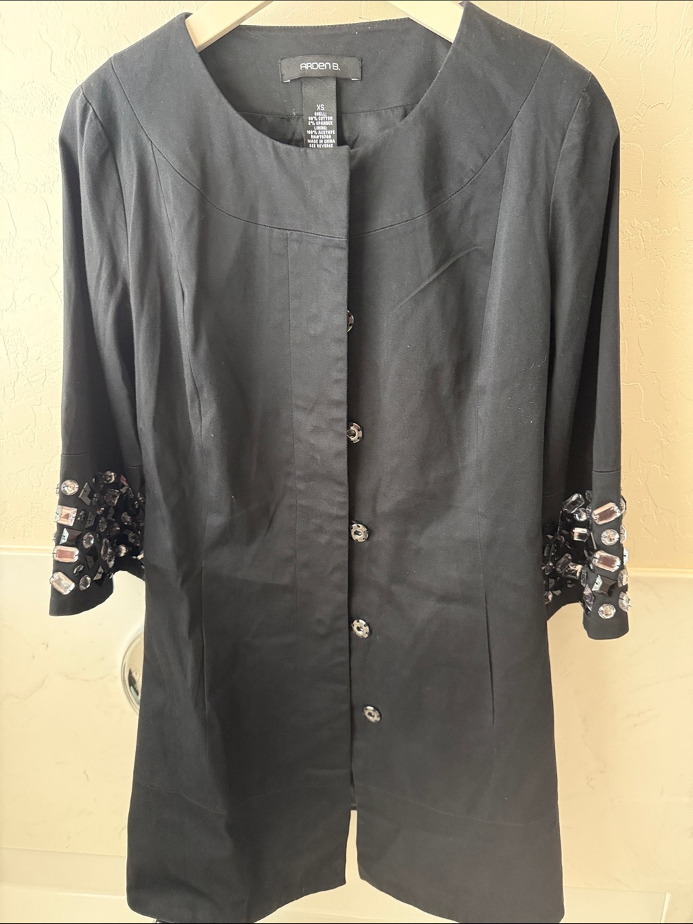Arden B Black Coat with Jeweled 3/4 Sleeves